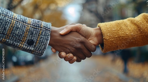 Two People Shaking Hands on a City Street