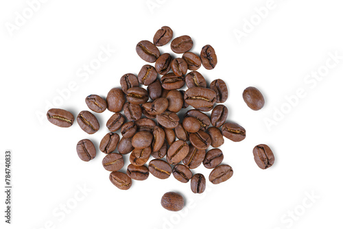 Pile of aromatic roasted arabica coffee beans close up, macro isolated on white, transparent background. Wallpaper, texture, background, top view.