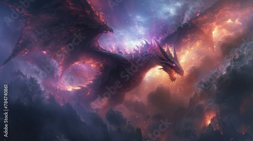 Majestic black dragon unleashing fiery breath under starlit sky, fantasy artwork photo