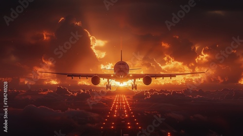 Airplane Flying Over Clouds at Sunset