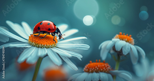 Insect’s Journey: Ladybug on a Flower in a Dreamlike Meadow