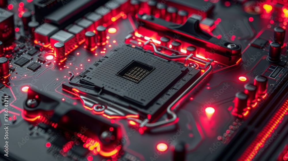 Close Up of Computer Motherboard With Red Lights Close Up of Computer Motherboard With Red Lights