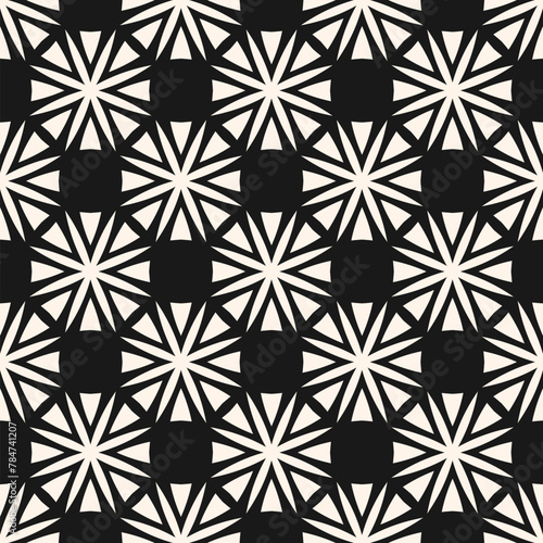 Vector geometric floral ornament. Abstract black and white seamless pattern with simple flowers in modular grid. Stylish monochrome background texture. Repeated design for print, fabric, cloth, cover