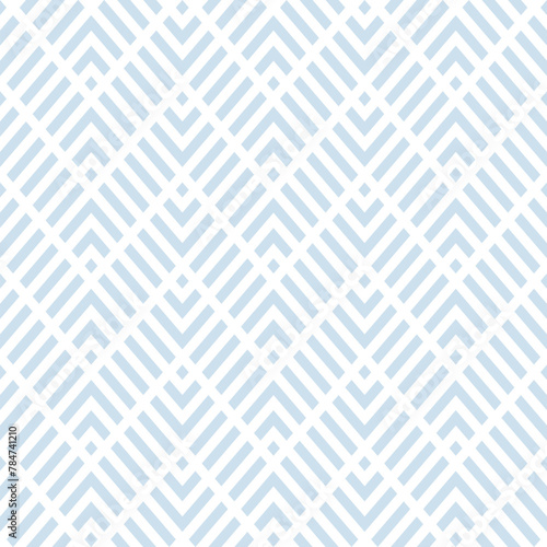 Geometric line seamless pattern. Vector chevron texture. Subtle light blue and white zigzag stripes, grid, lattice, diagonal lines. Abstract minimal zig zag background. Simple geometry. Repeat design