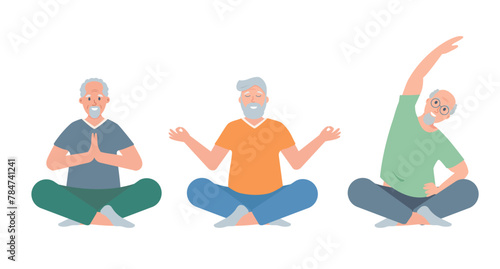 Set of elderly men doing exercises. Senior male characters in yoga position. Sport active healthy lifestyle concept. Vector cartoon or flat illustration isolated on white background. © Елена Истомина