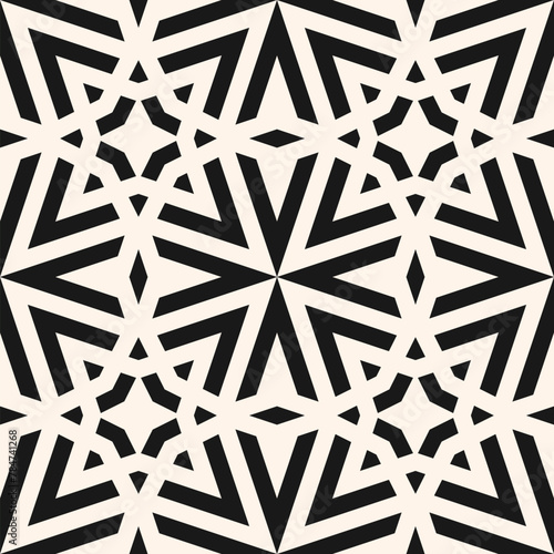 Vector geometric graphic texture. Stylish black and white seamless pattern with lines, stars, arrows, grid, lattice, tiles. Simple abstract monochrome ornament background. Repeated modern geo design