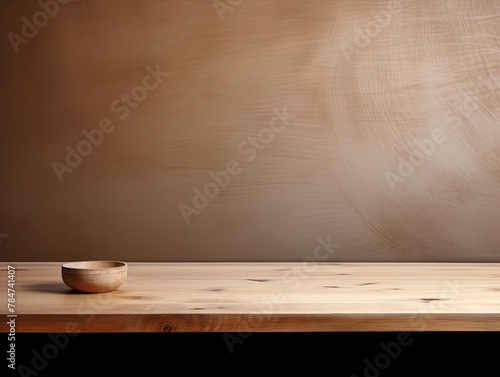 Abstract background with a dark beige wall and wooden table top for product presentation, wood floor, minimal concept, low key studio shot, high resolution photography 