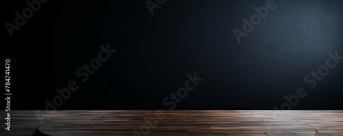 Abstract background with a dark blue wall and wooden table top for product presentation, wood floor, minimal concept, low key studio shot, high resolution photography 