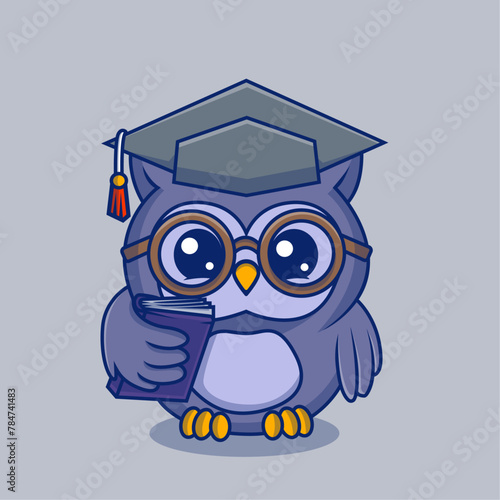 Cute an owl holding a book cartoon illustration. Study icon concept. Flat cartoon style