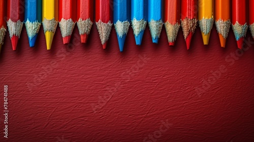 Row of Colored Pencils Against Red Wall