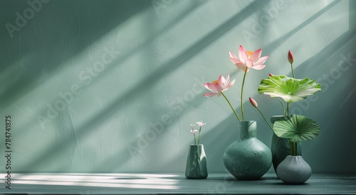 Three Green Vases With Pink Flowers
