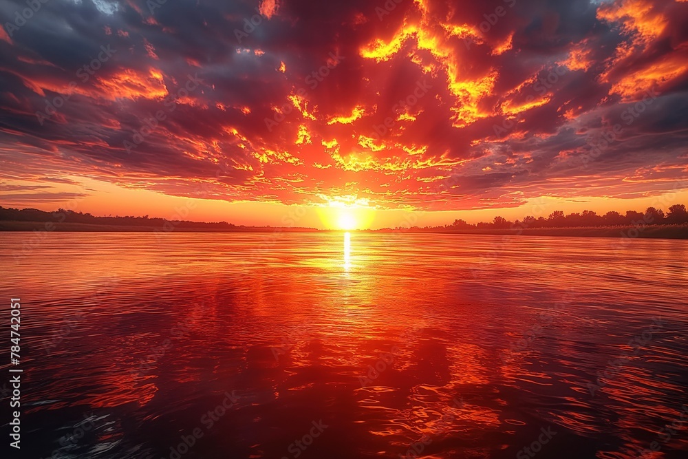 Sunset by the lake: the evening sky is shrouded in golden and red shades, reflected in the quiet water
