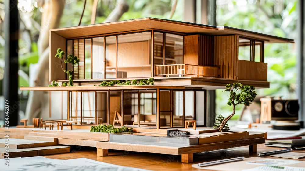 A detailed wooden architectural model of a house with miniature trees displayed on a table with blueprints in the background.