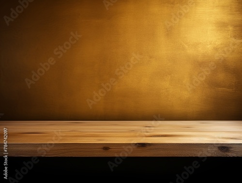 Abstract background with a dark gold wall and wooden table top for product presentation, wood floor, minimal concept, low key studio shot, high resolution photography 