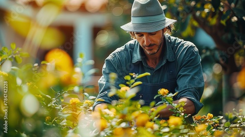 Man in a Hat Picking Flowers