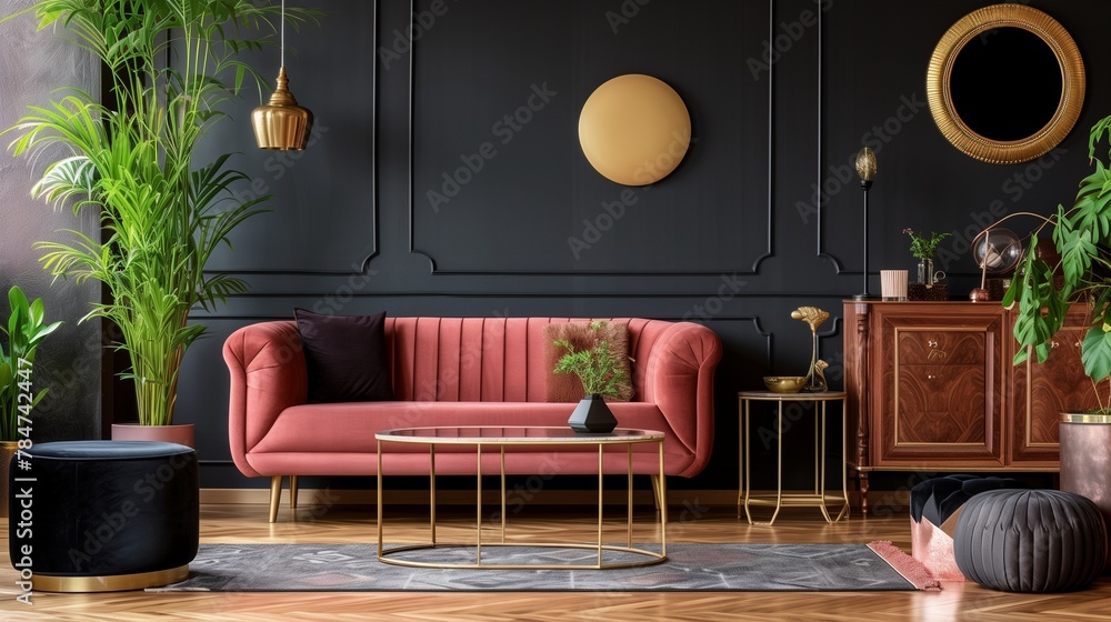 Luxury interior with stylish velvet sofa, wooden commode, pouf, plants, carpet, gold decoration, copy space and elegant personal accessories. Modern living room in classic house. Template Luxury interior with stylish velvet sofa, wooden commode, pouf, plants, carpet, gold decoration, copy space and elegant personal accessories. Modern living room in classic house. Template