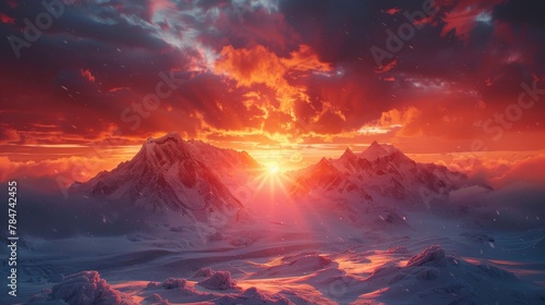 Stunning sunset over snowy mountain peaks with vibrant sky colors © Yusif