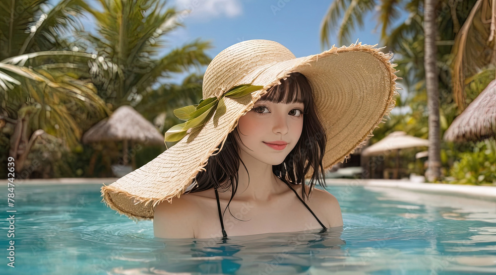Portrait of a girl in a straw hat who is swimming in the pool