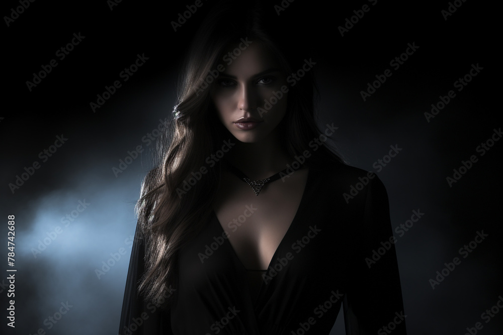 A mysterious woman in dark attire with moody lighting A mysterious woman in dark attire with moody lighting