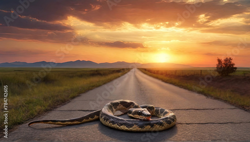 A snake crawls along the road against the background of the sunset photo