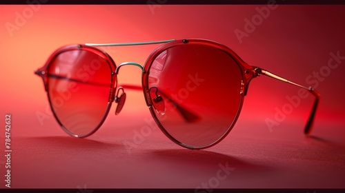 Stylish aviator sunglasses with reflective red lenses isolated on a textured pink backdrop © Yusif