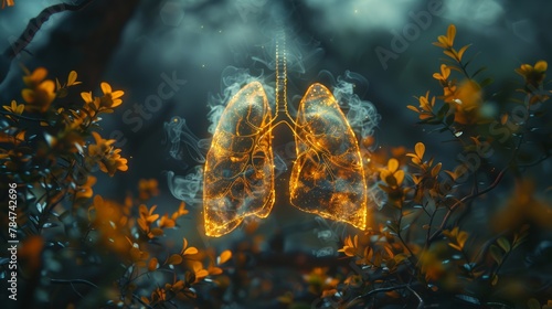 Dramatic depiction of human lungs with glowing particles on dark background