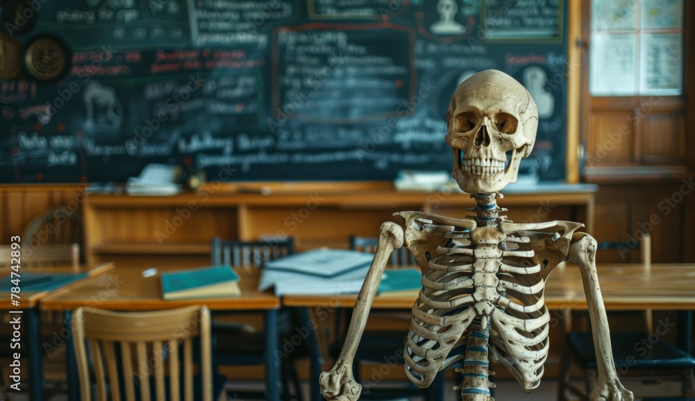 A model of the human skeleton stands in the biology classroom at school A model of the human skeleton stands in the biology classroom at school