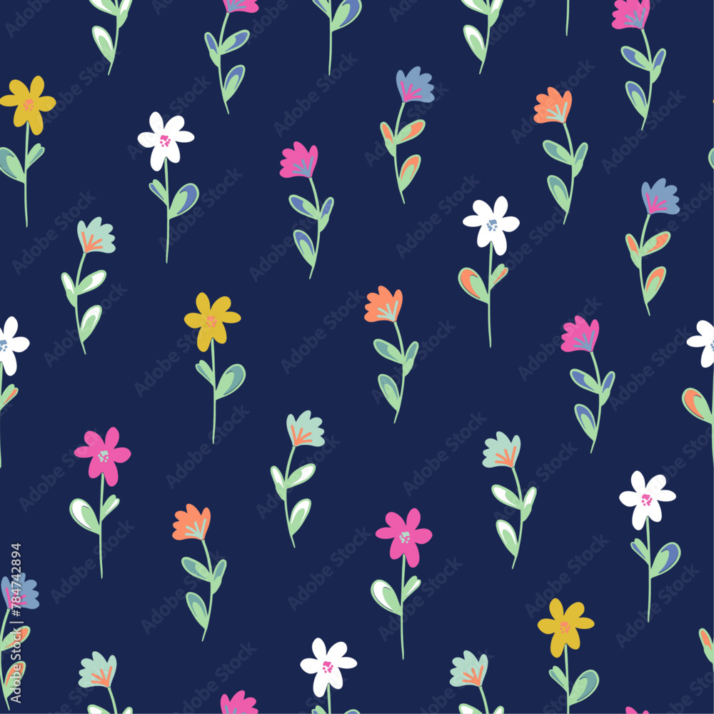 Cute flowers with leaves seamless repeat pattern. Colorful vector botany aop, all over surface print on dark blue background.