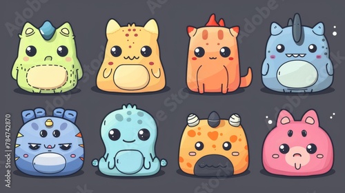 Colorful collection of cute digital pet monsters in various playful poses