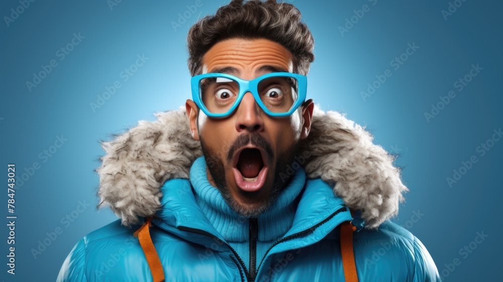 Shocked Young Man in Blue Winter Jacket with Goggles