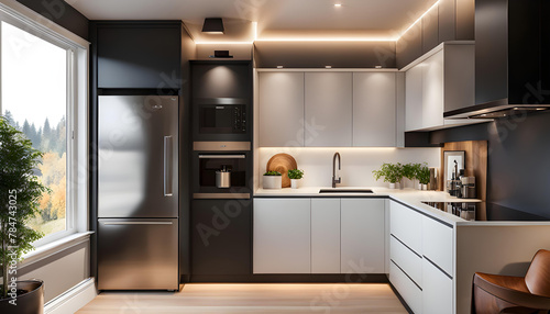 interior of a cozy and compact kitchen in a tiny house. The kitchen exudes modern elegance with clean lines  warm lighting and a minimalist color palette  creating a cozy atmosphere.
