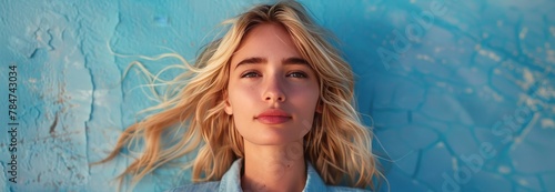 Woman With Blonde Hair Standing in Front of Blue Wall