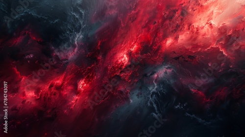 Vivid depiction of dark volcanic landscape with bright red lava flowing