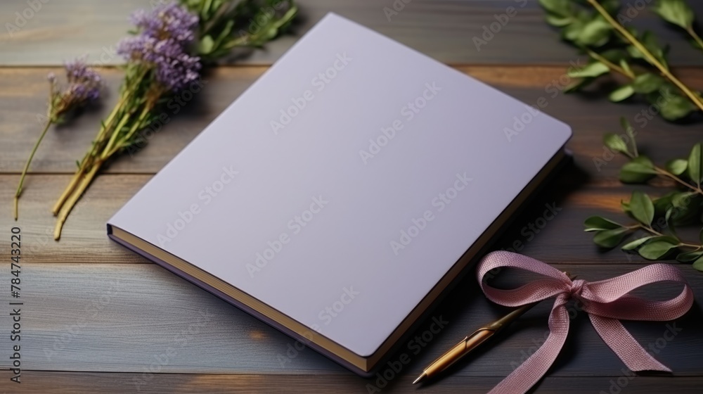Fototapeta premium A clean notebook for writing on the table, concepts of education, workplace, creativity. A place for text or advertising.