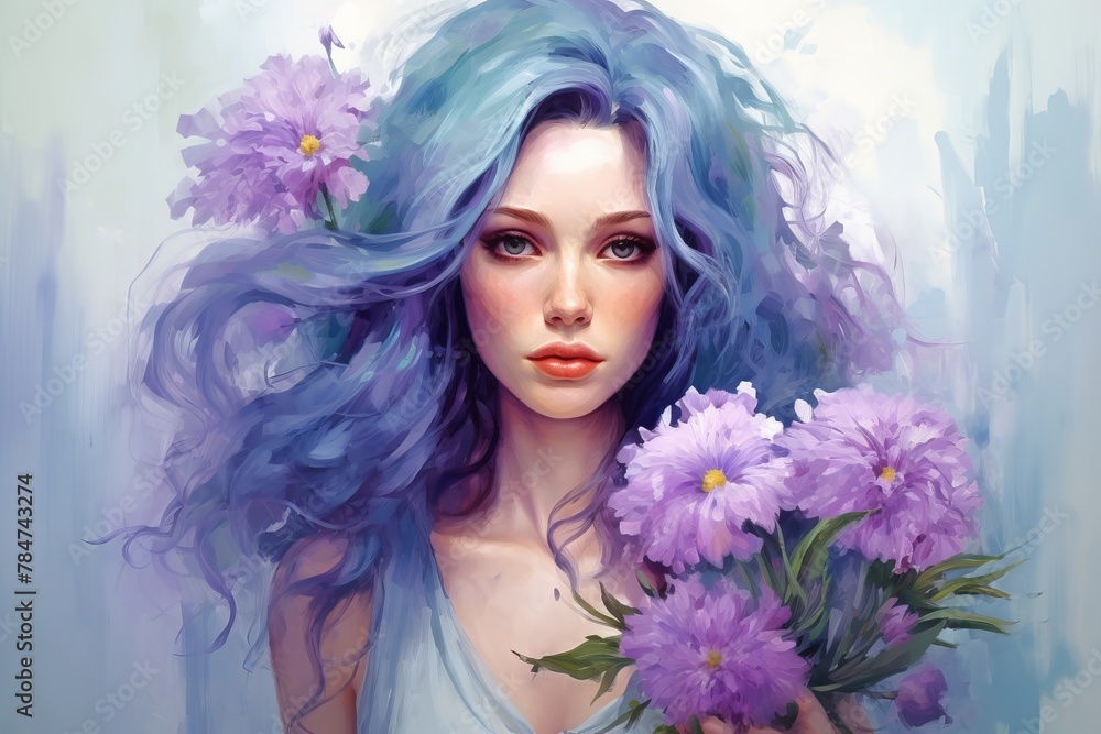 Serene woman with blue wavy hair and beautiful eyes. Portrait of romantic lady. Concept of feminine beauty, pastel portraiture, subtle elegance, delicate aesthetic. Oil painting style illustration