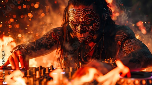 Enigmatic DJ with Maori inspired face paint performing at a vibrant nighttime event photo