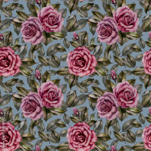 Seamless floral pattern of pink roses as watercolor illustration in vintage style for textile