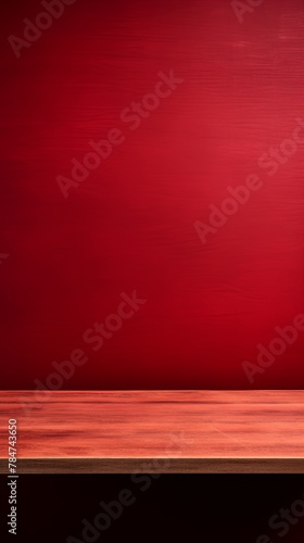 Abstract background with a dark rose wall and wooden table top for product presentation, wood floor, minimal concept, low key studio shot, high resolution photography 