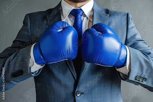 Businessman in suit and boxing gloves on grey background