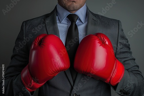 Businessman in suit and boxing gloves on grey background © Alina