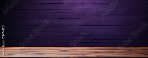 Abstract background with a dark violet wall and wooden table top for product presentation, wood floor, minimal concept, low key studio shot, high resolution photography 
