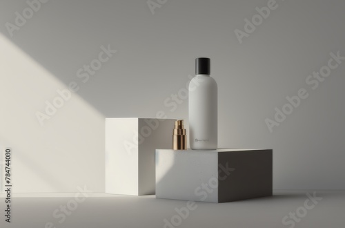 A bottle of liquid resting on top of a block. Suitable for various uses