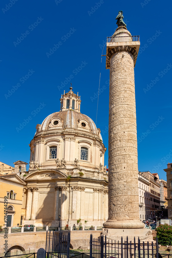 Trajan's Column and Church of the Most Holy Name of Mary at Trajan Forum in Rome, Italy