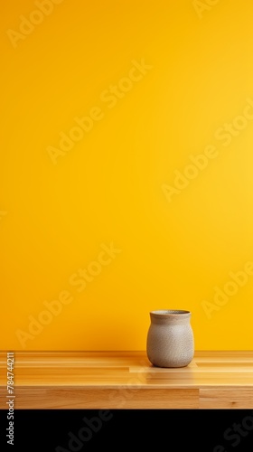 Abstract background with a dark yellow wall and wooden table top for product presentation, wood floor, minimal concept, low key studio shot, high resolution photography