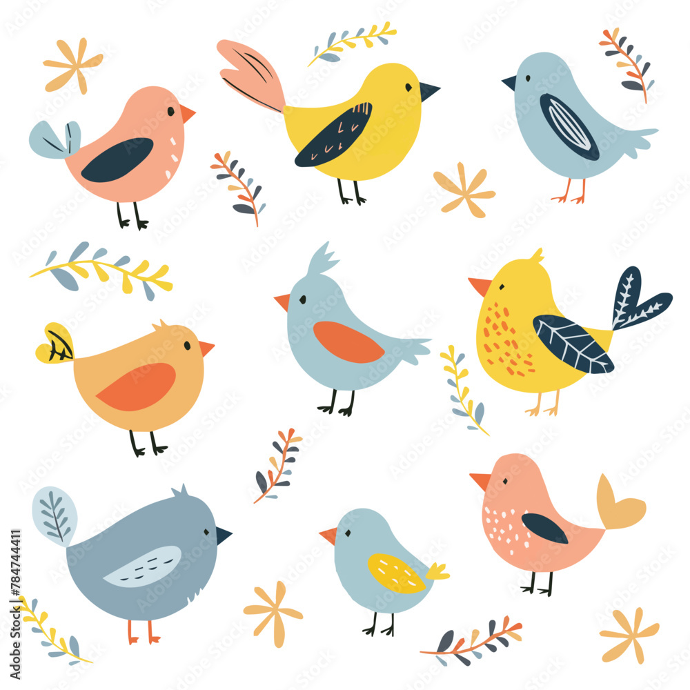 Set of spring birds. Hand-drawn vector cartoon in children's style. Various birds. Images isolated on white. Set of spring birds. Hand-drawn vector cartoon in children's style. Various birds. Images isolated on white.