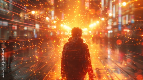 Futuristic urban scene with a person surrounded by dynamic digital effects