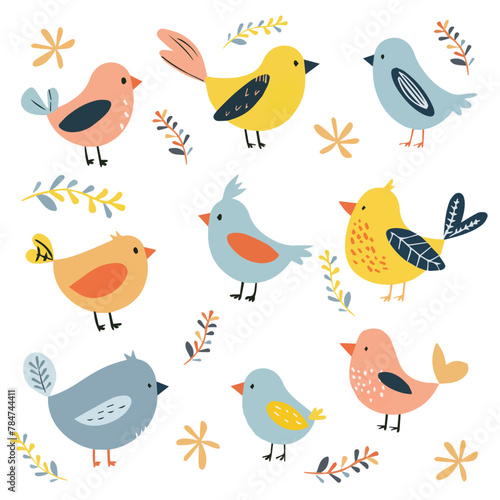 Set of spring birds. Hand-drawn vector cartoon in children s style. Various birds. Images isolated on white.