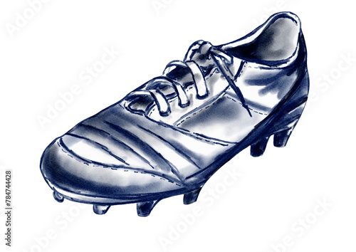 Soccer boots. Cleats and studs. Sport shoes. Digital illustration. White and blue colors. Use for cards, posters and magazines.