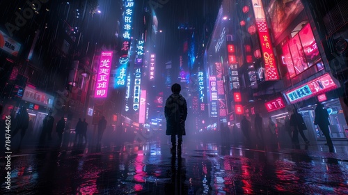 Futuristic cityscape at night with vibrant neon signs and rainy ambiance