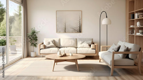 Scandinavian-inspired living room with a light wood couch